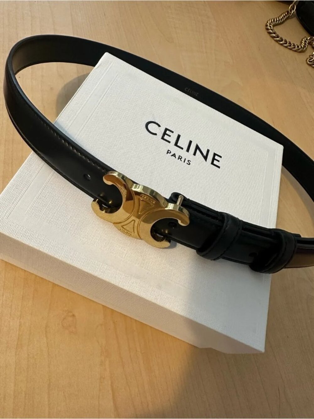 Celine Black Smooth Leather Triomphe Belt with Gold Buckle